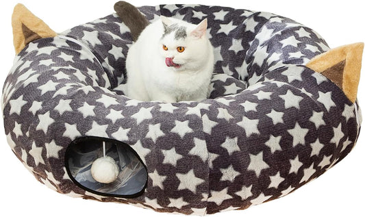 Large Cat Tunnel Bed with Plush Cover,Fluffy Toy Balls, Small Cushion and Flexible Design- 10 Inch Diameter, 3 Ft Length- Great for Cats, and Small Dogs, Gray Star Pattern
